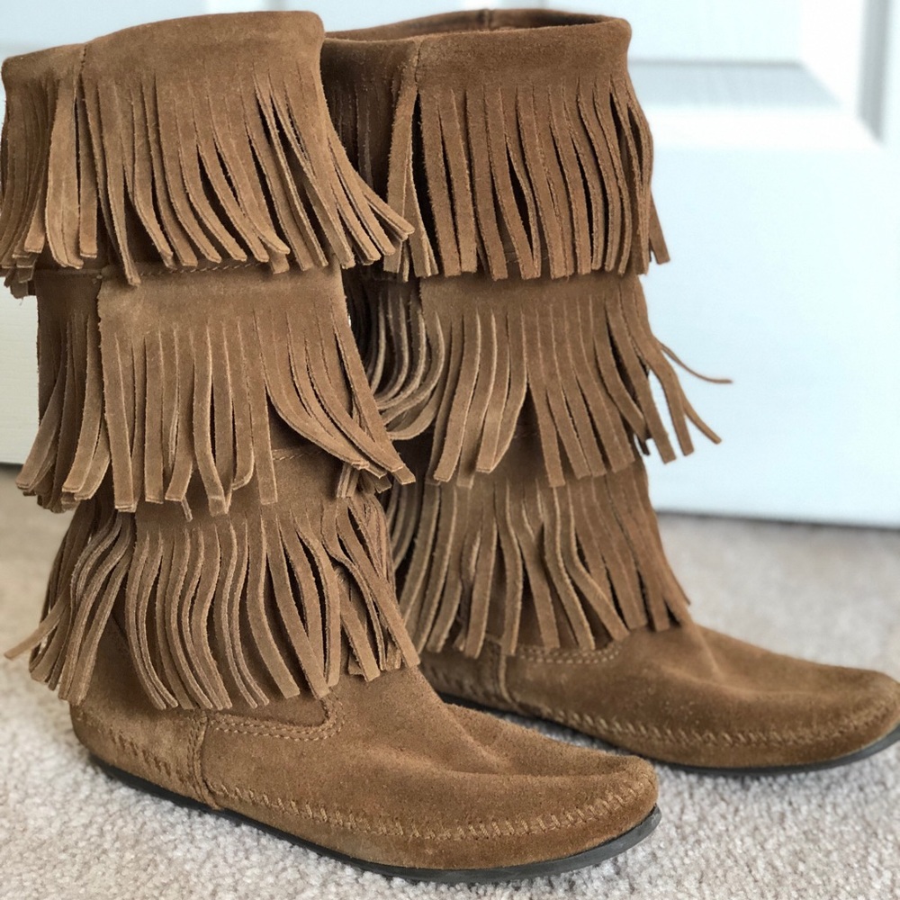 Chestnut Brown Tall Fringe Boots